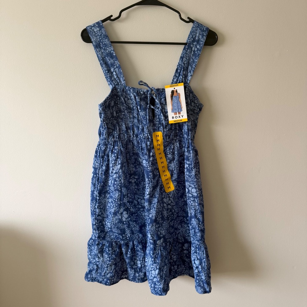 Roxy Medium Blue Floral Smocked Mini Dress Cotton Sleeveless Ruffle Hem NWT